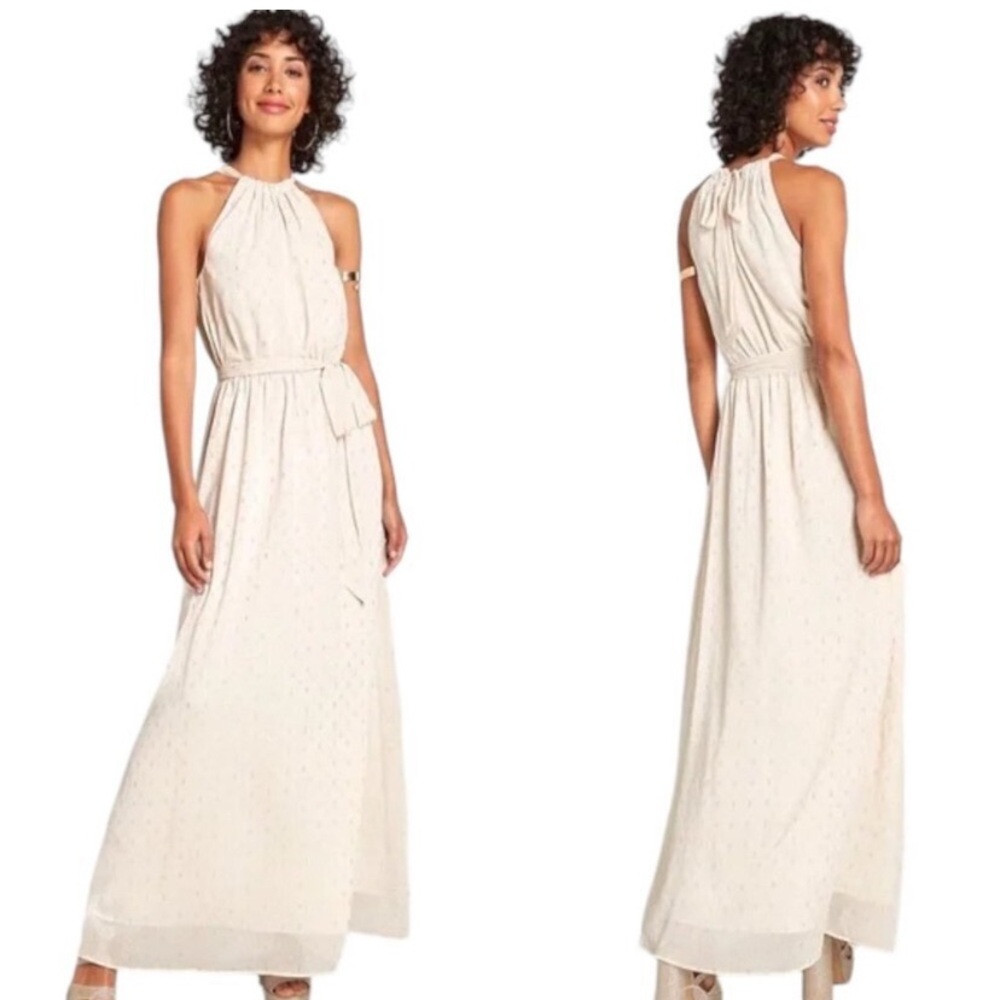 ModCloth Illuminated Elegance Metallic Thread Chiffon Halter Maxi Dress